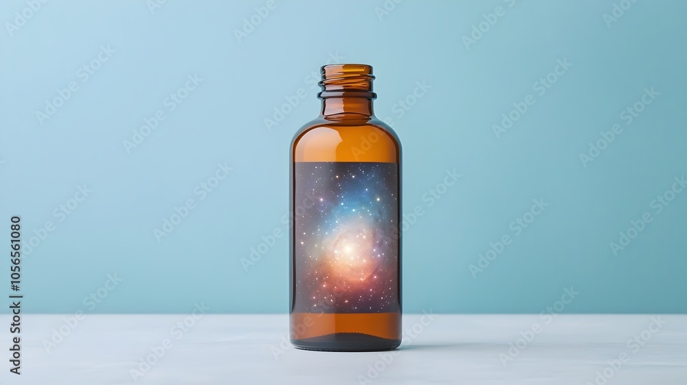 A captivating and visually striking glass bottle that appears to contain a miniature cosmic universe within its transparent walls The bottle showcases a swirling A captivating and visually striking glass bottle that appears to contain a miniature cosmic universe within its transparent walls The bottle showcases a swirling