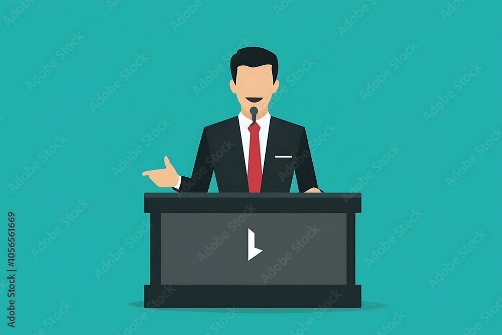Speaker at Podium Making Presentation with Microphone and Gestures Speaker at Podium Making Presentation with Microphone and Gestures
