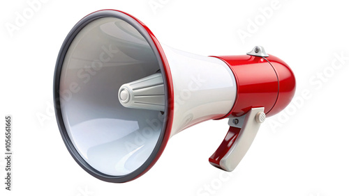 Close-up of a classic megaphone in red and white, highlighting the details of its handle and speaker, set against a transparent background