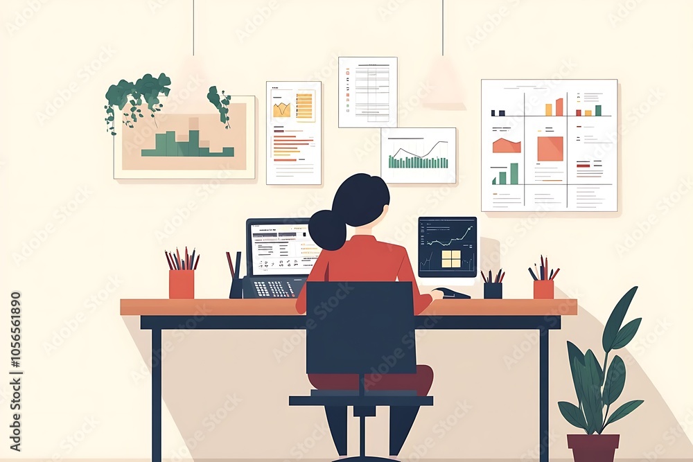 Analyzing Charts and Data on a Computer, Working in a Modern Office Environment Analyzing Charts and Data on a Computer, Working in a Modern Office Environment