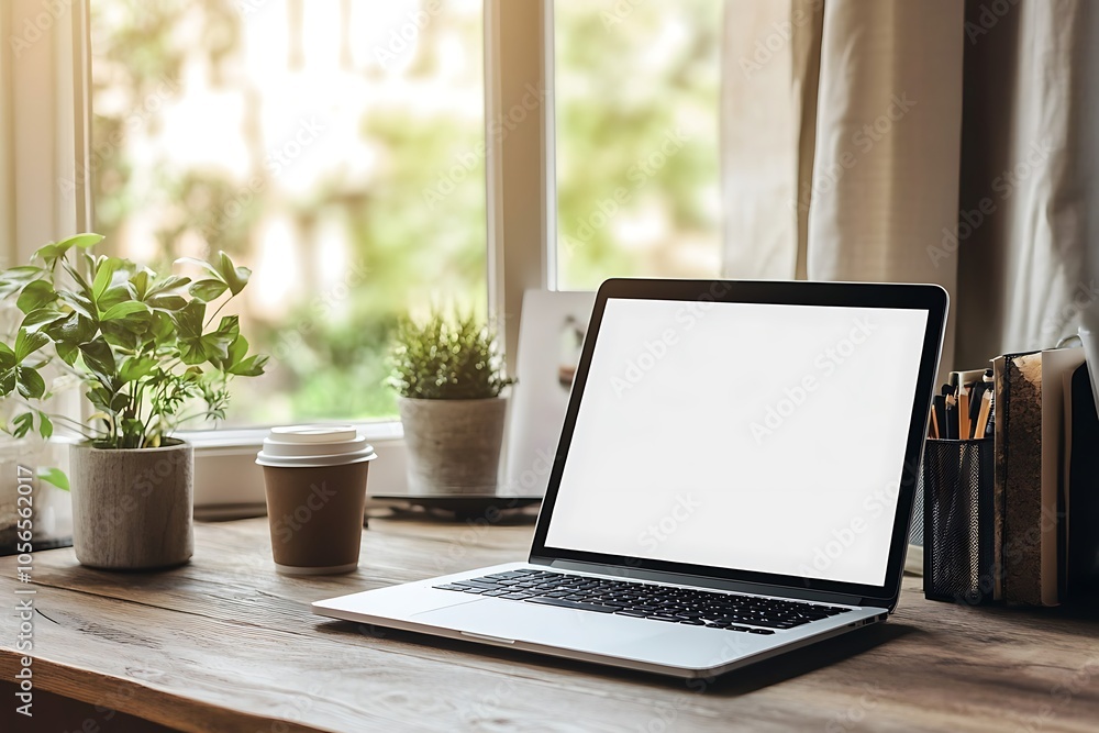 Work from Home Desk Setup with Laptop, Plants, and Coffee Work from Home Desk Setup with Laptop, Plants, and Coffee