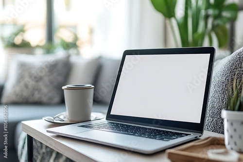 Laptop On Table with Coffee Cup and Plant, White Background