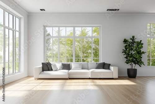 A large white couch sits in a bright  sunlit living room
