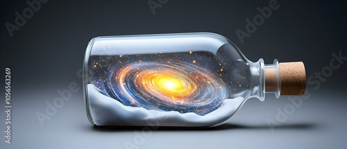 Miniature glass bottle containing a captivating cosmic galaxy scene with vibrant ethereal star trails swirling within  Surreal and dreamlike digital or 3D render of an imaginative photo