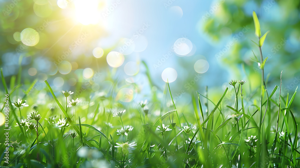 Beautiful sunny spring meadow with green grass and blue sky. Abstract background with light bokeh and space for text Beautiful sunny spring meadow with green grass and blue sky. Abstract background with light bokeh and space for text