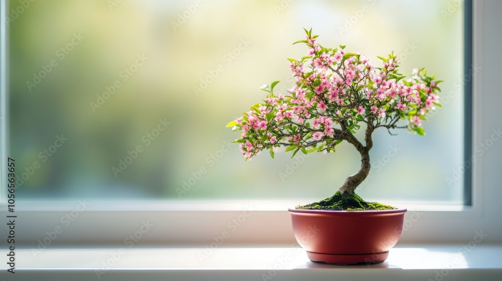 Beautiful bonsai tree with pink blossoms in a red pot, highlighting a clean and simple indoor display aesthetic. Beautiful bonsai tree with pink blossoms in a red pot, highlighting a clean and simple indoor display aesthetic.