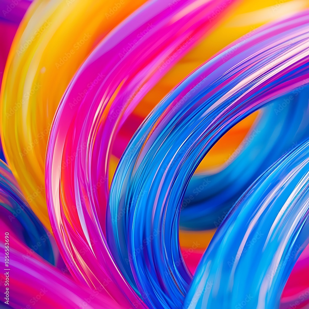 Naklejka premium A vibrant, colorful swirl of glossy, intertwined strands in shades of pink, blue, and yellow, creating an abstract and visually captivating design.