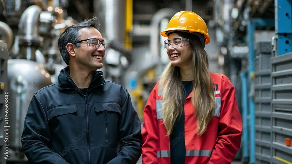 Two contented, bright engineers talk about production aspects at the workplace.
Two contented, bright engineers talk about production aspects at the workplace.