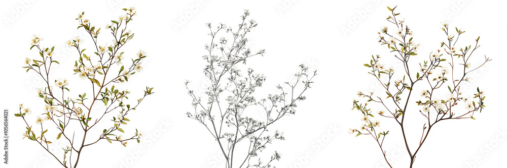 Set of wild bush with delicate, wispy tendrils and small blossoms, isolated on a white or transplant background, capturing the ethereal beauty of the plant's form Set of wild bush with delicate, wispy tendrils and small blossoms, isolated on a white or transplant background, capturing the ethereal beauty of the plant's form