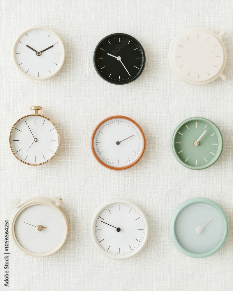Stylish Flat Lay of Minimalist Alarm Clocks for Daylight Saving Time and New Years Morning Routine Stylish Flat Lay of Minimalist Alarm Clocks for Daylight Saving Time and New Years Morning Routine