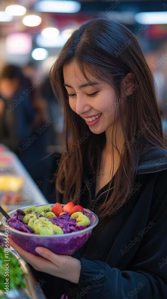 At the cafeteria, an Asian young woman is savouring a delicious acai bowl. At the cafeteria, an Asian young woman is savouring a delicious acai bowl.