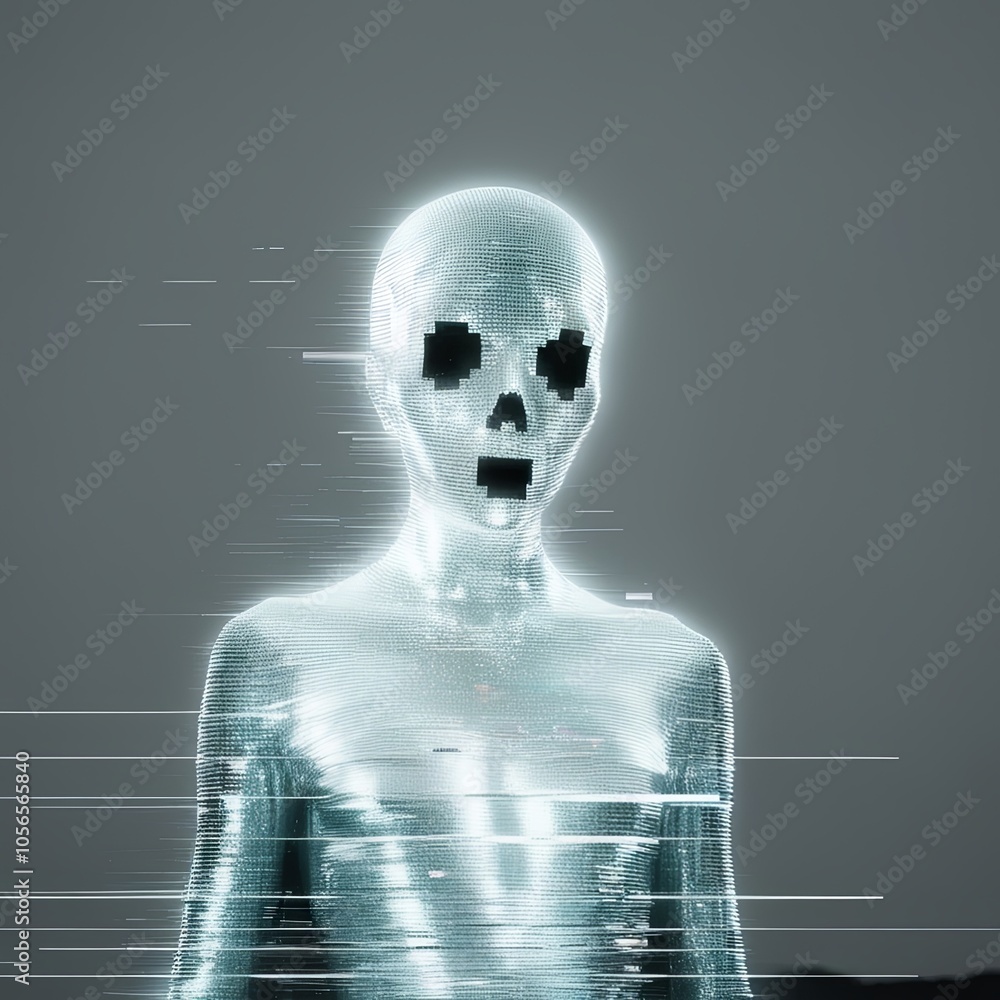 Pixelated ethereal ghost with glitch effects on a dark background, perfect for Halloween Pixelated ethereal ghost with glitch effects on a dark background, perfect for Halloween