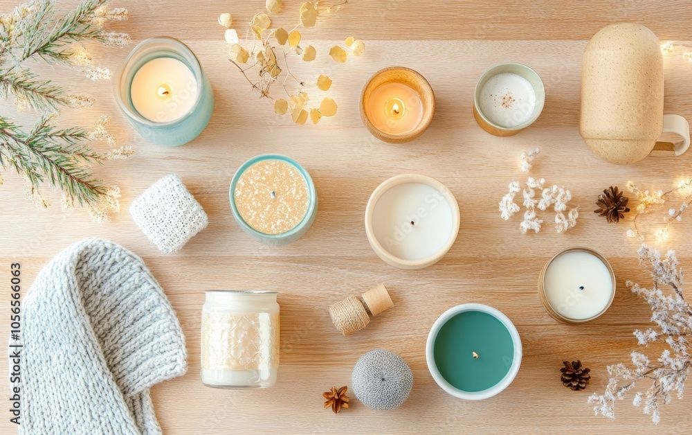 Warm and Cozy Home Setting for Christmas and Thanksgiving Hygge Flat Lay with Candles and Knitted Textures Warm and Cozy Home Setting for Christmas and Thanksgiving Hygge Flat Lay with Candles and Knitted Textures