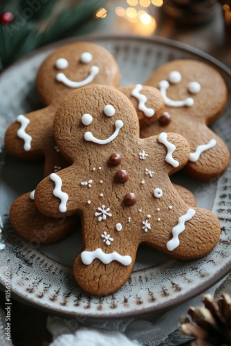 Three Decorated Gingerbread Men Cookies on a Plate