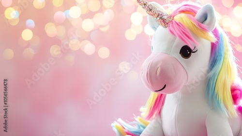 A plushie unicorn with a sparkling rainbow mane on pink background