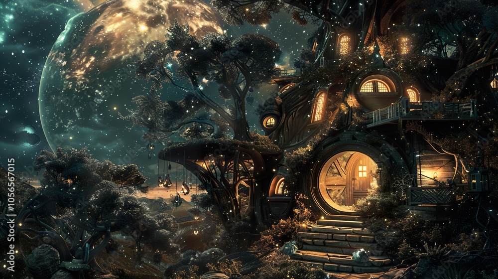 Enchanted Treehouse Under a Starry Sky - Fantasy Landscape Enchanted Treehouse Under a Starry Sky - Fantasy Landscape