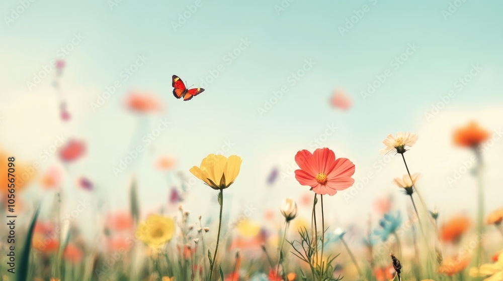 A vibrant meadow filled with colorful flowers and a butterfly fluttering gracefully, capturing the essence of nature's beauty. A vibrant meadow filled with colorful flowers and a butterfly fluttering gracefully, capturing the essence of nature's beauty.