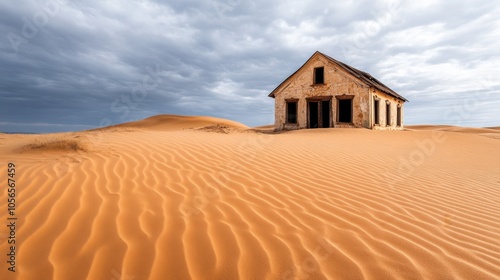 Abandoned house amidst vast desert sand dunes under a dramatic sky, evoking a sense of isolation and timeless beauty. photo