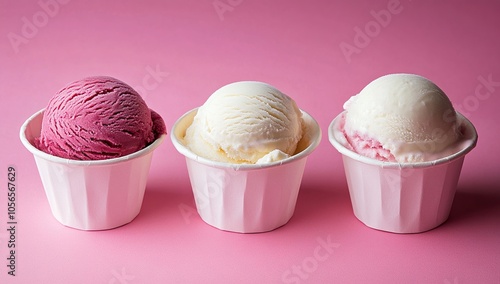 Three scoops of ice cream in white cups on a pink background. One scoop is pink, one is white, and one is a combination of the two.