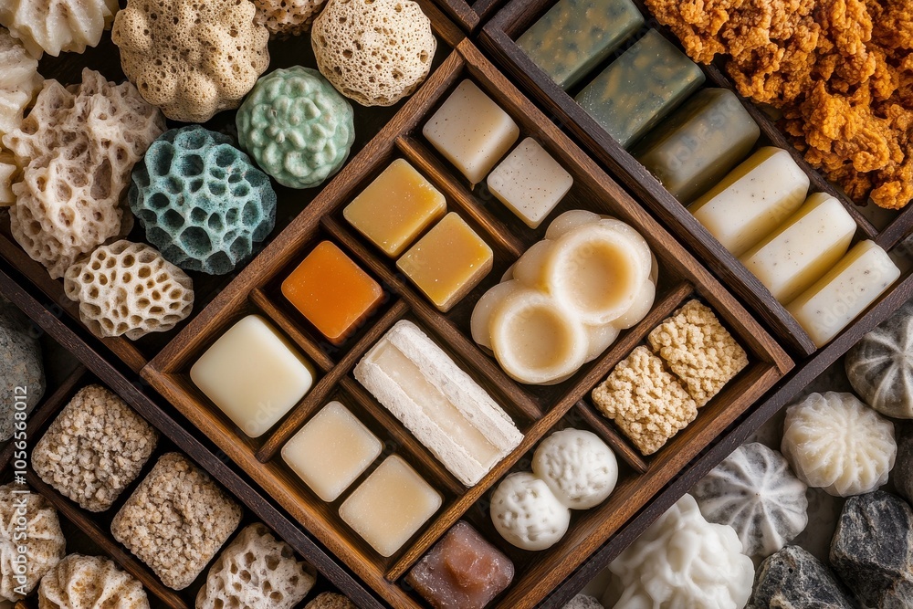 Artisanal Soaps and Sponges in Rustic Wooden Display Artisanal Soaps and Sponges in Rustic Wooden Display