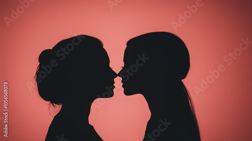 Silhouette of two women with romantic aura, showcasing intimacy and connection against a vibrant pink background.