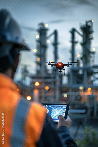 Drone flying near oil refinery pipes, operator analyzing real-time data on rugged tablet, industrial setting