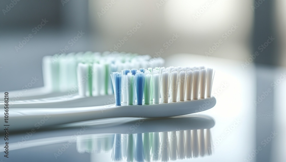 Three toothbrushes with colorful bristles are placed on a white surface. Three toothbrushes with colorful bristles are placed on a white surface.