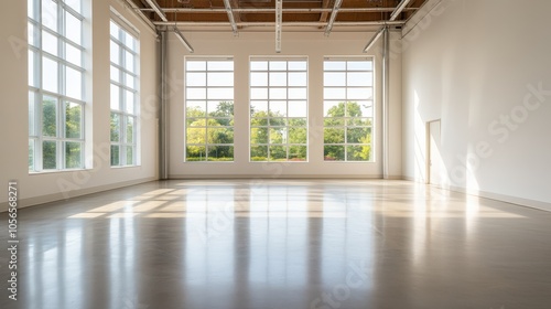 Spacious, sunlit room with large windows and polished floor, ideal for events, art exhibits, or creative work.