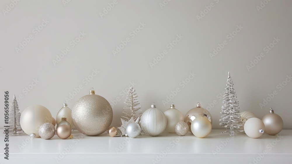 Minimalist Christmas ornament arrangement on a white table. Minimalist Christmas ornament arrangement on a white table.