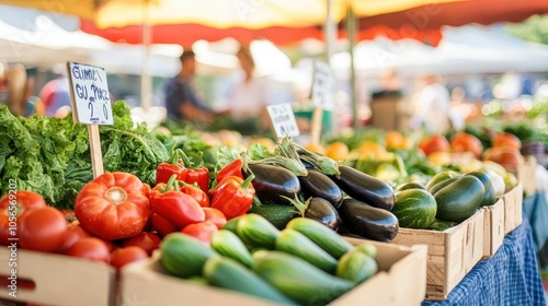 Vibrant fresh vegetables displayed at a farmer's market, showcasing variety and color in wooden crates under sunny tents. photo