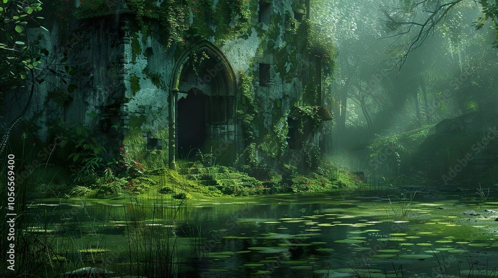 Overgrown Ruins in a Misty Forest - A Serene and Enchanting Landscape Overgrown Ruins in a Misty Forest - A Serene and Enchanting Landscape