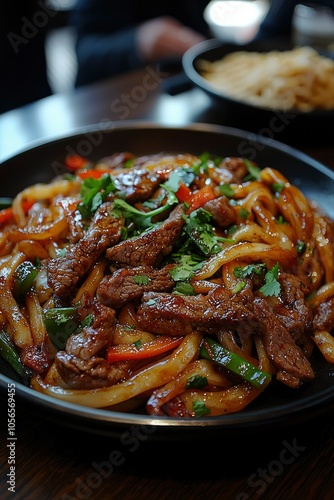 Close-up of a dish of stir-fried noodles with beef, peppers, and cilantro in a black bowl