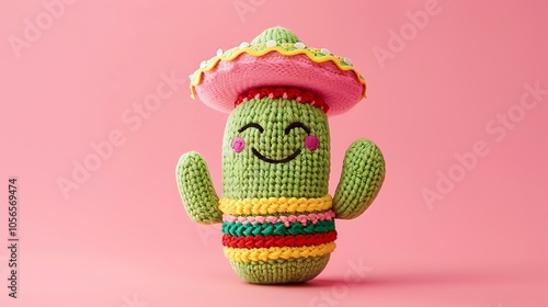 A smiling cactus plushie wearing a tiny sombrero on pink background