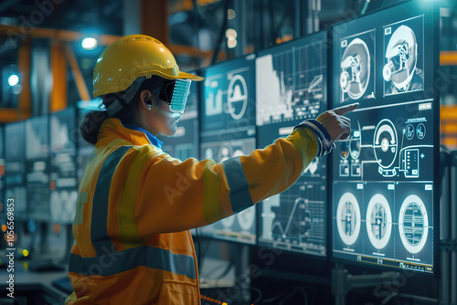 Worker adjusting smart helmet with built-in sensors, factory setting, safety protocols displayed on screens