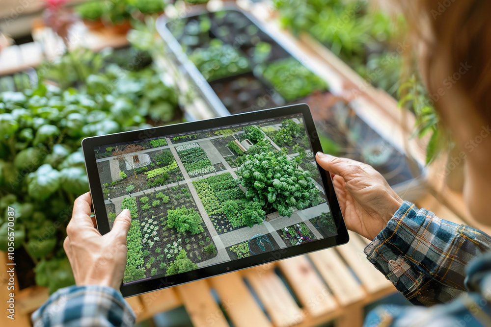 Designer using digital tool to create green spaces, rooftop gardens, and bike lanes on tablet screens Designer using digital tool to create green spaces, rooftop gardens, and bike lanes on tablet screens