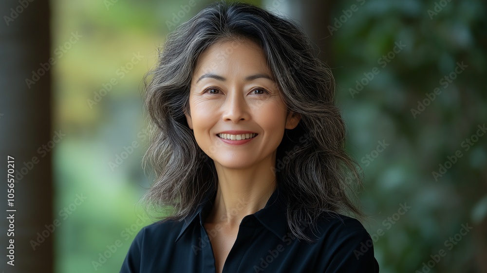 A lovely, contented photo of a cheerful Asian woman wearing a black shirt A lovely, contented photo of a cheerful Asian woman wearing a black shirt