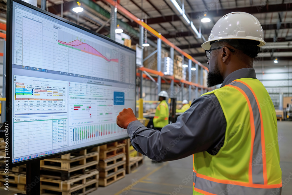 Manager reviewing inventory dashboard on a large screen, workers loading pallets in background Manager reviewing inventory dashboard on a large screen, workers loading pallets in background