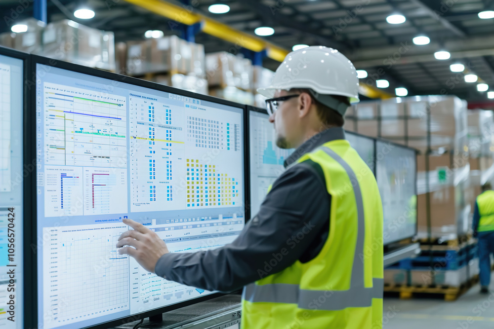 Manager reviewing inventory dashboard on a large screen, workers loading pallets in background Manager reviewing inventory dashboard on a large screen, workers loading pallets in background