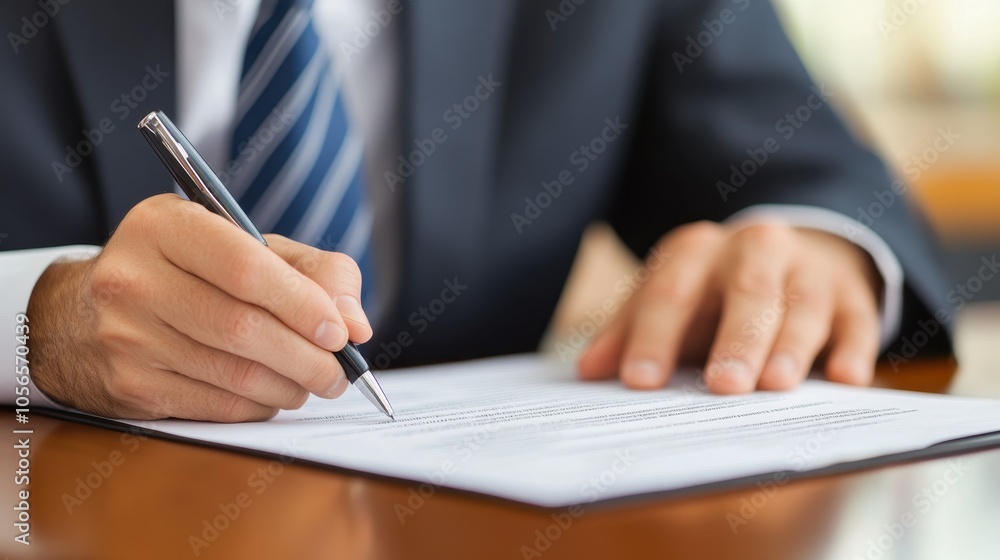 A close-up of a business professional signing a document, symbolizing agreement and professionalism in the workplace. A close-up of a business professional signing a document, symbolizing agreement and professionalism in the workplace.