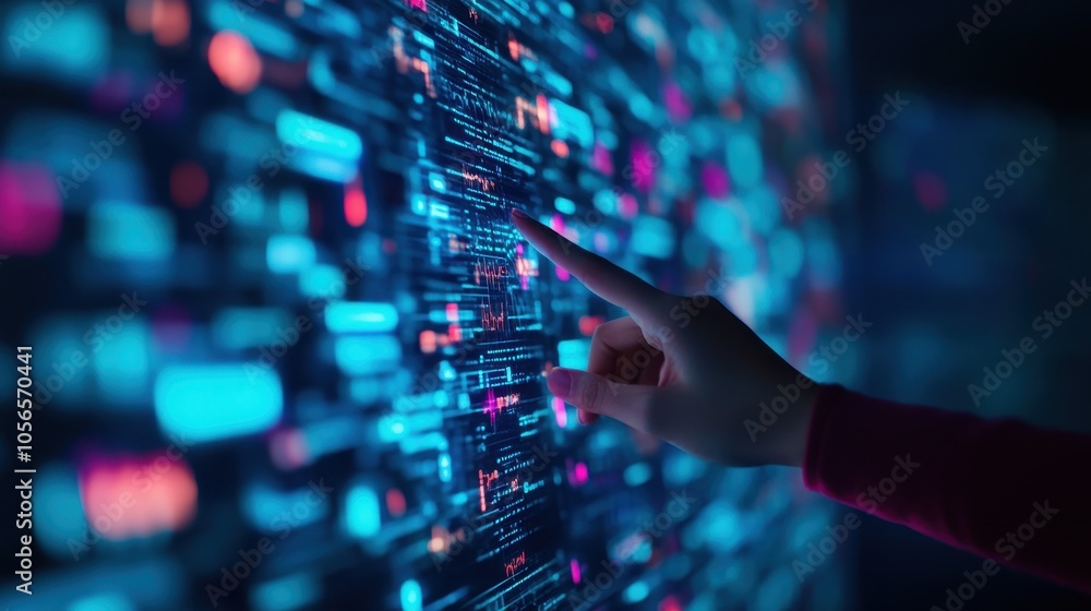 A close-up of a hand interacting with a vibrant digital interface, showcasing futuristic patterns and bright colors. A close-up of a hand interacting with a vibrant digital interface, showcasing futuristic patterns and bright colors.