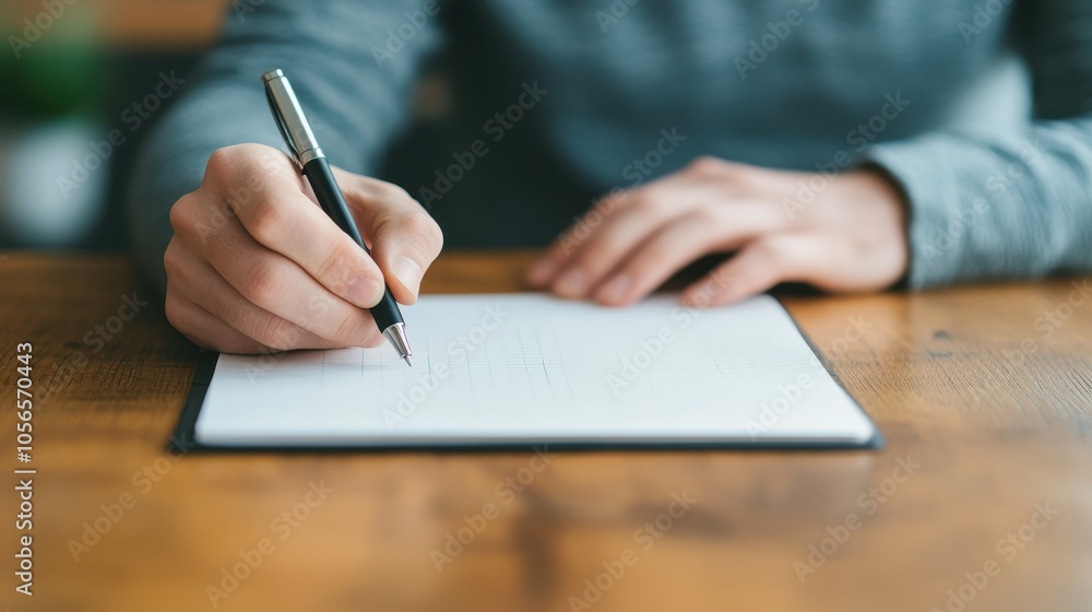 A close-up of a hand holding a pen, writing on a blank sheet of paper, capturing creativity and focus in a serene workspace. A close-up of a hand holding a pen, writing on a blank sheet of paper, capturing creativity and focus in a serene workspace.