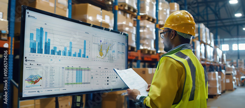 Manager reviewing inventory dashboard on a large screen, workers loading pallets in background