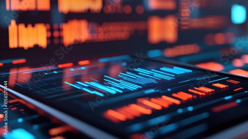 A close-up of a digital interface displaying vibrant data visualizations and analytics in blue and orange hues.