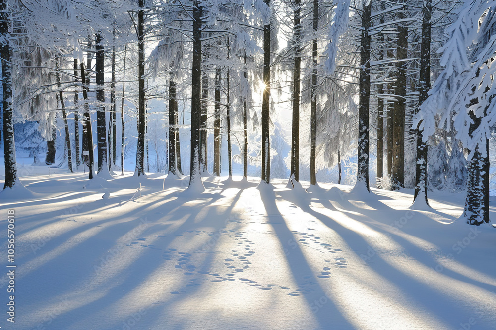 Snow-covered trees in a forest, sunlight breaking through, casting long shadows on ground Snow-covered trees in a forest, sunlight breaking through, casting long shadows on ground