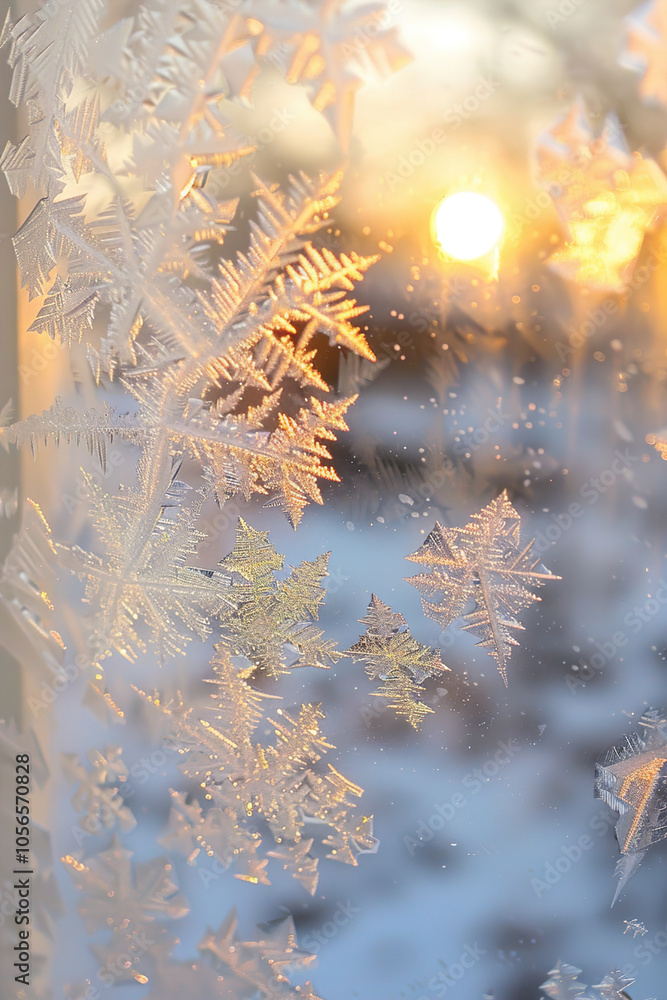 Close-up of frosted window with intricate ice crystals, warm indoor light in the background Close-up of frosted window with intricate ice crystals, warm indoor light in the background