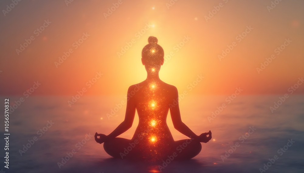 Silhouette of a meditating figure with glowing chakra energy flowing in a serene sunset environment. Silhouette of a meditating figure with glowing chakra energy flowing in a serene sunset environment.