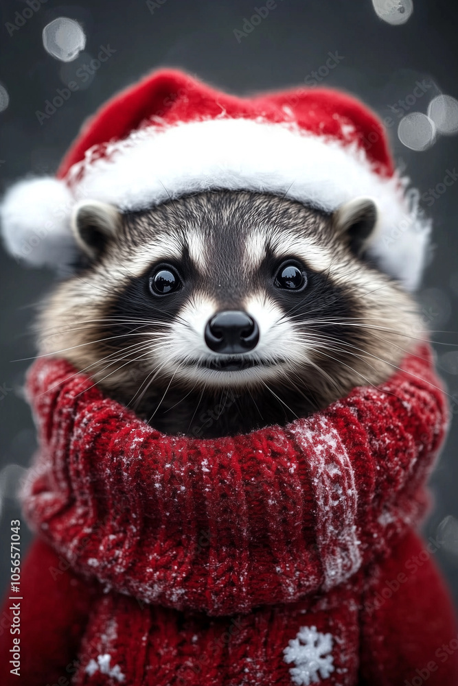 Cute raccoon in a festive red sweater with a pattern and a Christmas hat against a wintery sparkle background Cute raccoon in a festive red sweater with a pattern and a Christmas hat against a wintery sparkle background