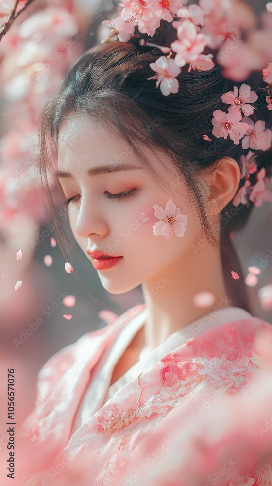 In a park in the autumn and autumn, lovely women with pink sakura flowers In a park in the autumn and autumn, lovely women with pink sakura flowers