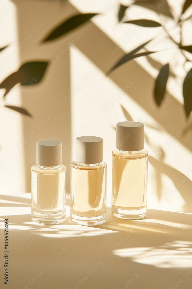 glass bottles with white matte caps, filled with light beige liquid perfume glass bottles with white matte caps, filled with light beige liquid perfume