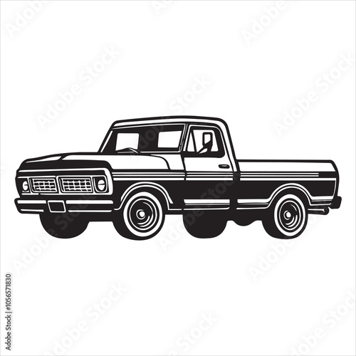 Classic Truck Vector illustration in black and white - Vintage Truck Clipart Design
